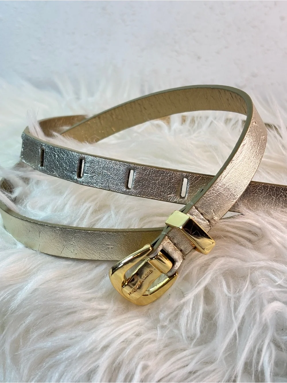 Michael Kors Metallic Gold Slim Leather Belt with Gold Buckle